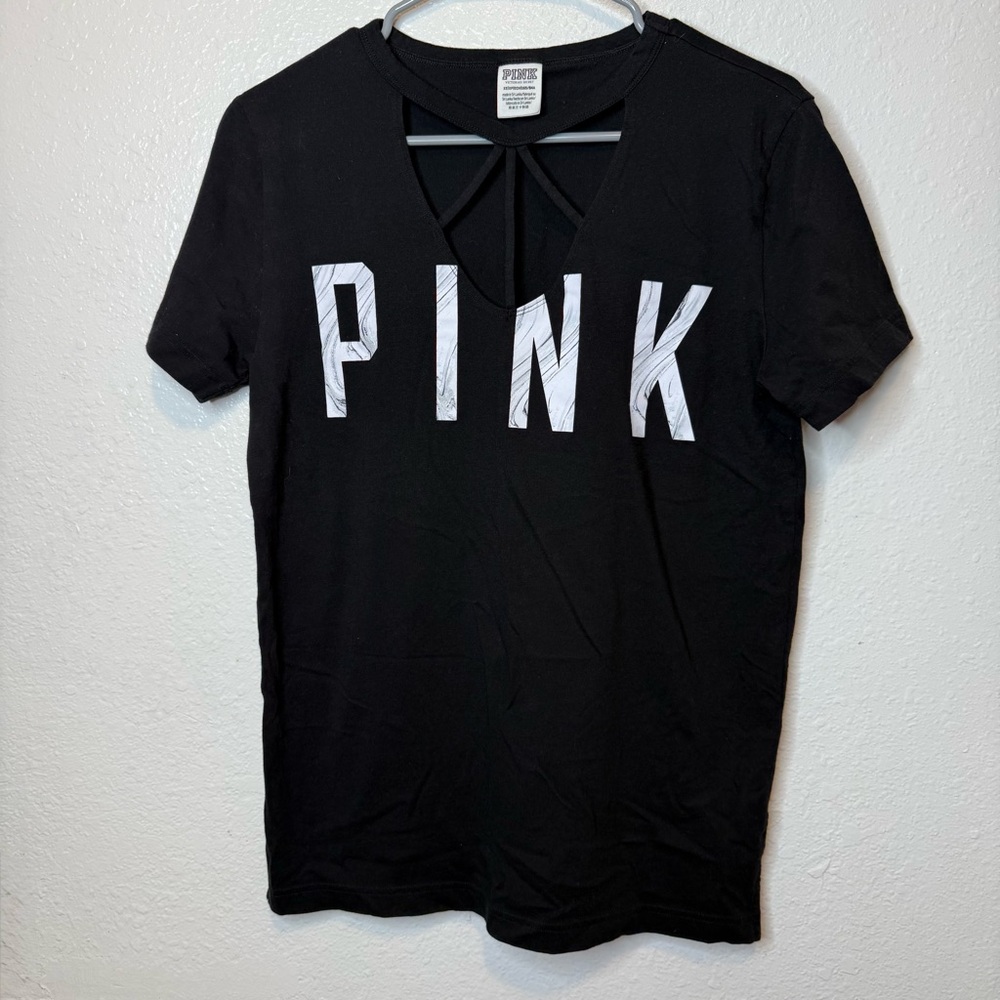 PINK by Victoria’s Secret Strappy Cut Out V-Neck T-shirt Marble Logo Size XS